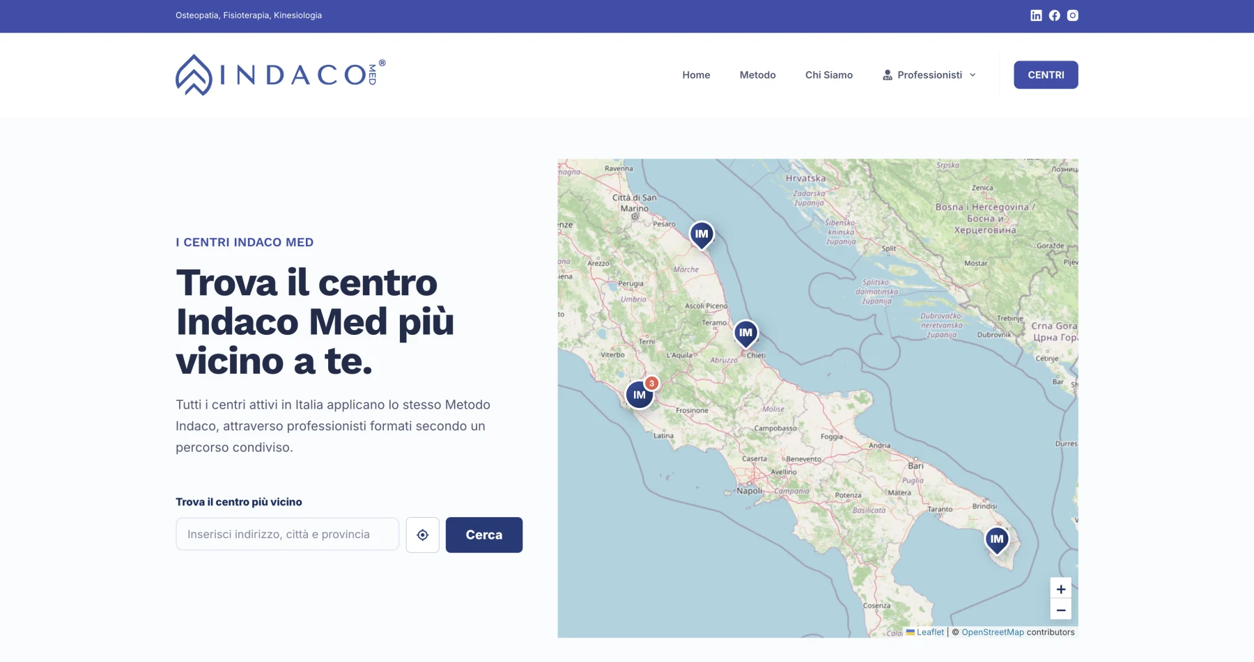 Plugin personalizzato Indaco Med: ricerca dei centri per indirizzo o geolocalizzazione e visualizzazione sulla mappa.