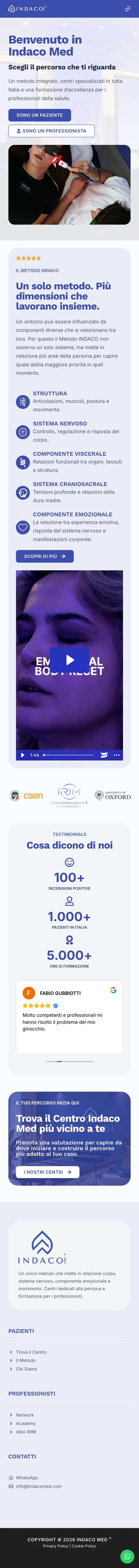Screenshot completo della home mobile di Indaco Med