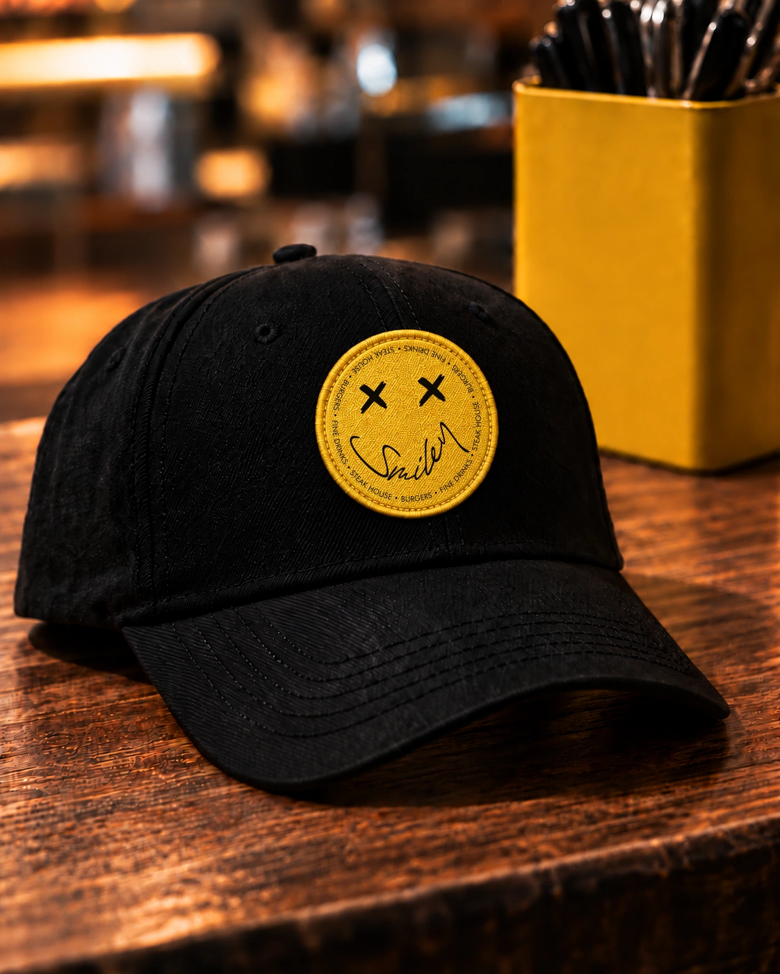 Cappellino nero Smiley Steak House con patch gialla cucita e logo originale.