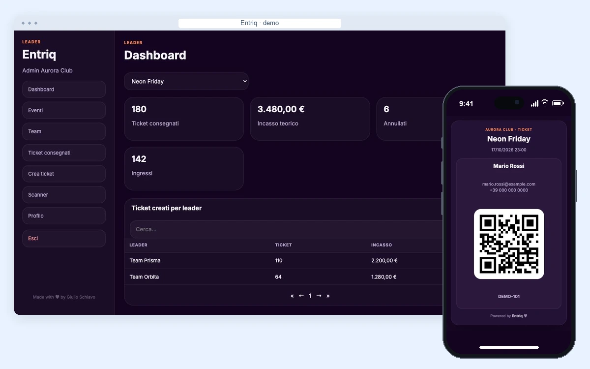 Entriq: dashboard e ticket personale con QR su telefono, con dati dimostrativi.
