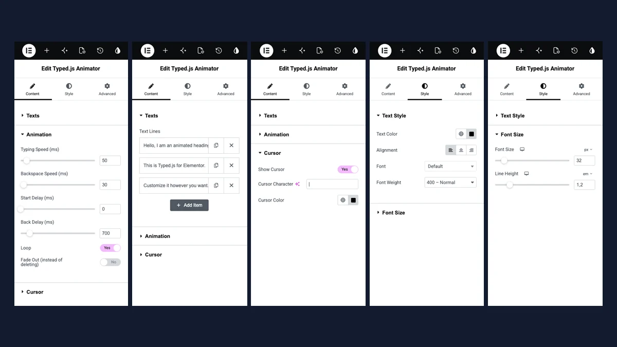 Typed.js Animator panels in Elementor: text lines, animation, cursor, and typography.