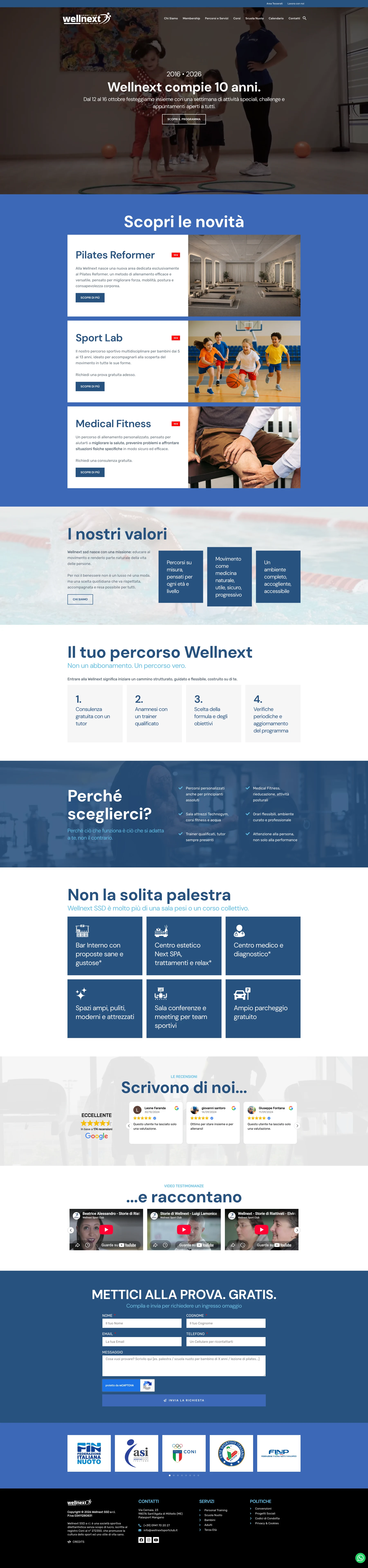 Screenshot completo della home di Wellnext Sport Club